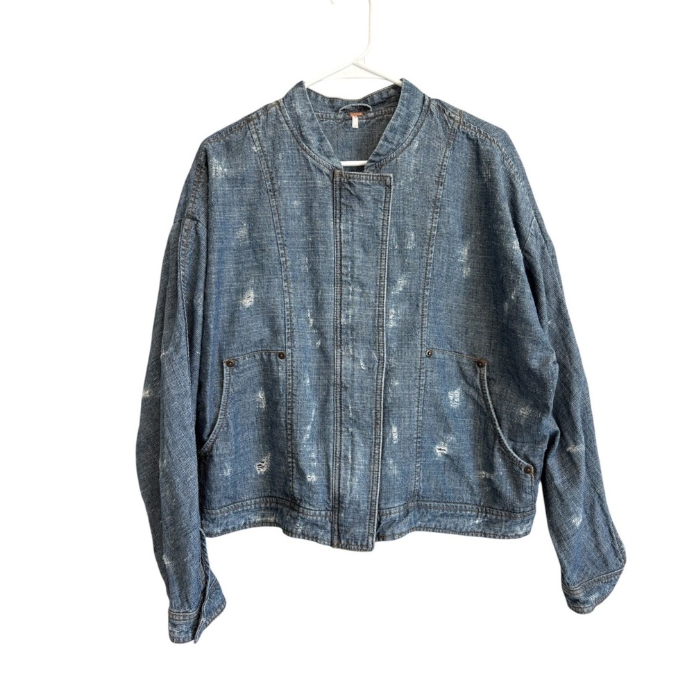 Free People Denim Bomber Jacket Size Large Distressed Boho Snap Buttons Pockets
